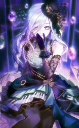  1girl bare_shoulders belt belt_buckle black_gloves black_hat blue_eyes blue_hair breasts brooch brown_pantyhose buckle center_frills clover clover_brooch commentary commission cowboy_shot elbow_gloves english_commentary english_text eyes_visible_through_hair frilled_gloves frills gem gloves green_skirt grin hair_over_one_eye hand_up hat highres hinomori_shizuku indoors jewelry kono_matsuri_ni_yuuyami_iro_mo_(project_sekai) large_breasts layered_gloves layered_skirt long_hair looking_at_viewer official_alternate_costume official_alternate_hairstyle pantyhose piano_print pink_gem project_sekai purple_gem shirt sitting skirt sleeveless sleeveless_shirt smile solo swept_bangs top_hat violet_moon093 wavy_hair white_shirt 