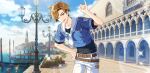  1boy afterl!fe belt blue_sky brown_eyes brown_hair clouds cloudy_sky highres licht_(afterl!fe) looking_at_viewer male_focus official_art one_eye_closed open_mouth pants sailor_collar sailor_shirt second-party_source shirt short_hair sky solo 