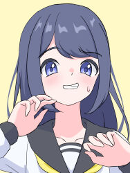 1girl absurdres black_sailor_collar blue_eyes blue_hair blush commentary_request grin hands_up highres long_sidelocks looking_at_viewer original sailor_collar school_uniform shirt sidelocks simple_background smile sweatdrop swept_bangs white_shirt yellow_background yuki_imo_man 