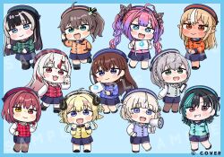  6+girls :d beret black_hair black_pantyhose black_shoes blonde_hair blue_background blue_border blue_eyes blue_hair blue_shirt border braid brown_eyes brown_hair brown_pantyhose chibi closed_mouth collared_shirt commentary_request crown_braid elf green_eyes grey_hair grey_shirt grey_socks hair_between_eyes hat heterochromia hololive hololive_dev_is horns houshou_marine juufuutei_raden kikirara_vivi logo long_hair mochimiko multicolored_hair multiple_girls nakiri_ayame natsuiro_matsuri official_art oni orange_shirt pantyhose pink_hair pink_shirt plaid_clothes plaid_shirt pointy_ears purple_hair purple_hat purple_shirt purple_skirt red_eyes red_hair red_shirt rindo_chihaya sample_watermark shiranui_flare shirogane_noel shirt shoes side_ponytail skirt smile socks streaked_hair todoroki_hajime tokino_sora tsunomaki_watame two-tone_hair very_long_hair violet_eyes watermark yellow_shirt 
