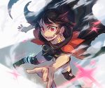  1girl alternate_color black_hair breasts cape collarbone fangs floating_cape highres ivory_(25680nico) mega_stone open_mouth outstretched_arm pokemon pokemon_(game) pokemon_masters_ex red_eyes smile solo standing teeth twitter_username zinnia_(pokemon) 