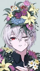  barcode barcode_tattoo black_shirt blue_flower cheek_tattoo collared_shirt commentary_request cracked_skin daffodil dong_yu double-parted_bangs flower forget-me-not_(flower) growing_out_of_body hair_between_eyes hand_on_own_chest highres indie_utaite lily_(flower) looking_up mafumafu one_eye_closed portrait purple_flower red_eyes red_flower shirt short_hair simple_background spider_lily tattoo utaite white_hair yellow_flower 