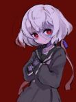  1girl closed_mouth hair_ribbon konno_junko long_hair looking_at_viewer low_twintails mota red_eyes ribbon scar school_uniform short_hair simple_background solo twintails white_hair zombie zombie_land_saga 