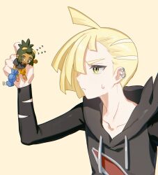  2boys :o black_hoodie black_shirt blonde_hair dark-skinned_male dark_skin ear_piercing fua1heyvot4ifsr full_body gladion_(pokemon) green_eyes green_hair grey_eyes hair_over_one_eye hau_(pokemon) highres holding_chibi hood hoodie looking_at_another male_focus multiple_boys open_mouth piercing pokemon pokemon_sun_and_moon rare_candy shirt shorts simple_background sweatdrop upper_body yellow_background yellow_shorts 