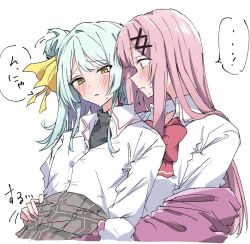  ... 2girls alternate_hair_length_(longer) amaori_renako blue_hair blush bow bowtie cardigan collared_shirt commentary grey_skirt hair_bun hand_on_another's_waist kituneginoe koyanagi_kaho long_hair multiple_girls parted_lips pink_bow pink_bowtie pink_hair plaid_clothes plaid_skirt purple_cardigan shirt simple_background single_side_bun skirt speech_bubble spoken_ellipsis sweatdrop translation_request undershirt violet_eyes watashi_ga_koibito_ni_nareru_wake_naijan_murimuri! white_background white_shirt yellow_eyes yuri 