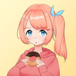  1girl :o absurdres blue_eyes blush bow commentary_request doughnut food hair_bow hair_ornament hands_up heart heart_hair_ornament highres holding holding_donut holding_food hood hood_down hooded_jacket imminent_bite jacket looking_at_viewer original pink_hair raised_eyebrow side_ponytail sidelocks simple_background sleeves_past_wrists upper_body yellow_background yuki_imo_man 