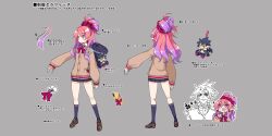  back bag bag_charm black_socks bow bowtie brown_shoes character_charm charm_(object) collared_shirt disgaea disgaea_rpg full_body grey_background hair_ornament hair_scrunchie harada_takehito killia_(disgaea) loafers long_hair long_sleeves loose_bowtie miniskirt multicolored_hair multiple_views outstretched_arm pink_eyes pink_hair pleated_skirt pointy_ears purple_hair red_bow red_bowtie school_bag scrunchie seraphina_(disgaea) shirt shoes sidelocks simple_background skirt smile socks solo_focus standing text_focus translation_request turnaround two-tone_hair 