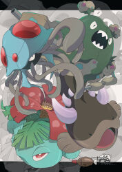  absurdres back_spikes claws clodsire colored_skin commentary_request flower garbodor green_skin highres jellyfish no32_0025 no_humans nostrils open_mouth poison_type_theme_(pokemon) pokemon pokemon_(creature) pokemon_focus red_eyes sharp_teeth soy_sauce_bottle teeth tentacles tentacruel venusaur 