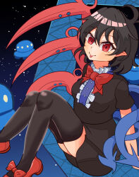  1girl absurdres ahoge ara_frog asymmetrical_wings black_dress black_hair black_thighhighs blue_sky blue_wings blush bow bowtie breasts buttons center_frills closed_mouth commentary_request dress footwear_bow frills full_body highres houjuu_nue looking_at_viewer mary_janes pointy_ears red_bow red_bowtie red_eyes red_wings shoes short_dress short_hair short_sleeves sitting sky small_breasts smile solo star_(sky) starry_sky thigh-highs tongue tongue_out touhou ufo wings 
