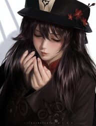  1girl absurdres artist_name black_hat brown_hair chinese_clothes clothing_request commentary english_commentary english_text fingernails flower genshin_impact hands_up hat hat_flower highres hu_tao_(genshin_impact) lips long_hair looking_down simple_background solo ulup upper_body white_background 