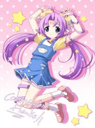  ! !! 1girl 2000s_(style) :3 absurdres animal_ears antenna_hair arms_up bandaid bandaid_on_face bead_bracelet beads bell bloomers blue_skirt blush borrowed_character bow bracelet charm_(object) commission cowbell english_text faux_retro_artstyle flat_chest hair_bow hair_intakes heisei_retro highres jewelry jumping long_hair looking_at_viewer low_twintails neck_bell neck_ribbon original overall_skirt overalls pink_bloomers pink_shoes purple_hair purple_ribbon raglan_sleeves ribbon satokocel sheep_ears sheep_girl shirt shoes skirt socks solo star_(symbol) t-shirt thank_you twintails very_long_hair violet_eyes white_shirt white_socks winged_shoes yellow_bow 
