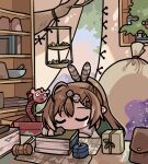  1girl ahoge bangs berry book bookshelf bowl branch brown_hair clipe closed_eyes dice_hair_ornament feather_hair_ornament feathers gavel gift gloves hair_ornament hairclip hanging_plant hololive hololive_english long_hair map mortar multicolored_hair nanashi_mumei package partially_fingerless_gloves ponytail pouch shelf shirt sleeping space_print starry_sky_print streaked_hair treehouse very_long_hair virtual_youtuber white_shirt 