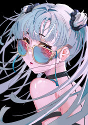 1girl :o absurdres blue_eyes blue_hair blunt_bangs collar commentary_request double_bun floating_hair gradient-tinted_eyewear hair_bun highres long_hair looking_at_viewer orblack original parted_lips solo straight_hair tinted_eyewear turning_head upper_body yellow-framed_eyewear 