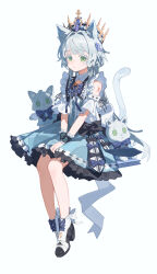  1girl :o animal_ear_fluff animal_ears arknights bare_shoulders black_bow black_shoes blue_dress bow chinese_commentary commentary commission crown dress dress_bow footwear_bow frills full_body green_eyes grey_hair grey_tail heanna highres infection_monitor_(arknights) invisible_chair long_hair looking_at_viewer mihuashi_commission official_alternate_costume own_hands_together parted_lips purple_bow rosmontis_(an_airy_dream)_(arknights) rosmontis_(arknights) scar scar_on_shoulder shoes simple_background sitting solo stuffed_animal stuffed_toy tail tail_raised v_arms white_background white_dress white_shoes 