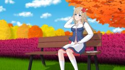  1girl absurdres autumn_leaves bench blonde_hair blue_bodice blue_eyes blue_skirt blue_sky blush book braid breasts closed_mouth day elf feet_out_of_frame flower flower-shaped_hair flower_ornament grass hair_ornament hand_in_own_hair highres indie_virtual_youtuber kneehighs leaf long_hair lyydia_(sunako) medium_breasts on_bench outdoors pointy_ears red_flower shirt sitting skirt sky smile socks solo spugelo thigh-highs tree twin_braids virtual_youtuber white_shirt white_socks white_thighhighs 