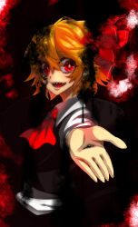  1girl absurdres ascot bifrst black_background black_skirt black_vest blonde_hair bow collared_shirt commentary_request darkness highres long_sleeves looking_at_viewer outstretched_arm outstretched_hand reaching reaching_towards_viewer red_ascot red_background red_bow red_eyes rumia sharp_teeth shirt short_hair skirt skirt_set teeth touhou vest white_shirt 