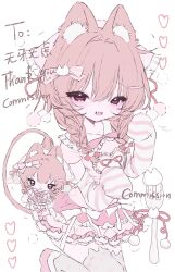  1girl animal_ears blush bow braid chibi frills hair_bow hair_ornament hairclip heart highres kikiko looking_at_viewer open_mouth orange_hair original paw_pose pink_bow pink_theme pom_pom_(clothes) pom_pom_hair_ornament short_hair skirt solo standing striped_sleeves tail thigh-highs twin_braids violet_eyes white_background 