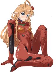  1girl :o behind_cover behind_curtains blonde_hair blue_eyes blush bodysuit braid braided_sidelocks cosplay curtains elf full_body indie_virtual_youtuber long_hair looking_at_viewer lyydia_(sunako) mecha_pilot_suit neon_genesis_evangelion nijika01 open_mouth pajamas plugsuit_(evangelion) pointy_ears sidelocks simple_background solo souryuu_asuka_langley souryuu_asuka_langley_(cosplay) twin_braids virtual_youtuber white_background white_pajamas 