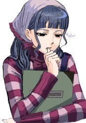  1girl ace_attorney apollo_justice:_ace_attorney bandana biting black_eyes black_hair blue_hair blunt_bangs clipboard commentary_request deun_(wqfzwr) hair_over_shoulder half-closed_eyes headscarf highres holding long_hair long_sleeves looking_down red_shirt shirt simple_background solo striped_clothes striped_shirt striped_sleeves striped_sweater sweater turtleneck upper_body vera_misham white_background 