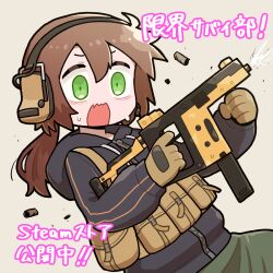  1girl black_hoodie brown_background brown_hair casing_ejection chest_rig clumsy cowboy_shot ear_protection firing genkai_survival_club! gloves green_eyes green_pants gun highres holding holding_gun holding_weapon hood hood_down hoodie komori_moka kriss_vector long_hair long_sleeves low_ponytail open_mouth pants ponytail shell_casing simple_background solo submachine_gun surprised tactical_clothes tactical_gloves takurada translation_request weapon wide-eyed 