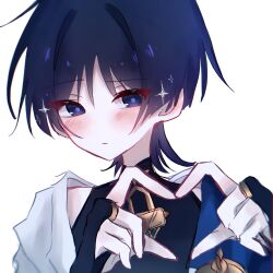  1boy black_bodysuit black_bridal_gauntlets blue_cape blunt_ends blush bodysuit bridal_gauntlets cape closed_mouth commentary_request eyeliner four-finger_heart_hands genshin_impact gold gold_ring hand_up heart heart_hands highres hisu_0103 japanese_clothes kimono makeup male_focus mandarin_collar middle_ring open_clothes open_kimono portrait red_eyeliner scaramouche_(genshin_impact) shoulder_peek side_cape solo tsurime violet_eyes wanderer_(genshin_impact) white_background white_kimono wispy_bangs 
