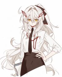  1girl alternate_costume alternate_hairstyle black_bow black_necktie black_skirt bow breast_pocket breasts chinese_commentary clipboard closed_mouth collared_shirt commentary_request cowboy_shot expressionless fingernails floating_hair flower-shaped_pupils formal_clothes genshin_impact hair_between_eyes hair_bow hand_on_own_hip high-waist_skirt high_ponytail highres holding holding_clipboard long_hair long_sleeves looking_at_viewer medium_breasts necktie pen pocket ponytail ronova_(genshin_impact) shirt sidelocks simple_background skirt solo standing symbol-shaped_pupils takonoya very_long_hair white_background white_hair white_shirt yellow_eyes 