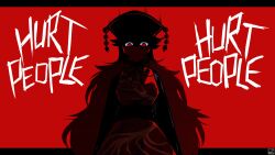  1girl angry artist_logo artist_name black_dress black_hat breasts chinese_clothes commentary crescent_print dalachi_(headdress) dress dushiido english_commentary english_text eyes_in_shadow hair_between_eyes hat highres junko_(touhou) letterboxed logo long_hair long_sleeves looking_at_viewer phoenix_print pom_pom_(clothes) red_background red_eyes red_tabard simple_background solo tabard touhou unkempt very_long_hair wide_sleeves 