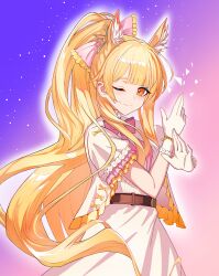  1girl ;) absurdres animal_ear_fluff animal_ears arknights belt blemishine_(arknights) blemishine_(kindness_and_strength)_(arknights) blonde_hair blunt_bangs bow bowtie brown_belt closed_mouth commentary dress extra_ears fang frilled_sleeves frills gloves gradient_background hands_up highres light_particles lily96308081 long_hair looking_at_viewer official_alternate_costume one_eye_closed orange_eyes pink_background pink_bow pink_bowtie purple_background skin_fang smile solo very_long_hair white_dress white_gloves 