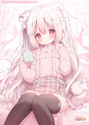  1girl animal_ears black_thighhighs blush bow closed_mouth commentary_request cup dog_ears fake_animal_ears hair_between_eyes hair_ornament hairclip hands_up holding holding_cup long_hair long_sleeves looking_at_viewer momozu_komamochi original pink_eyes pink_hair pink_sweater sitting solo sweater thigh-highs very_long_hair white_bow 