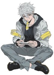  1boy absurdres backpack bag black_hoodie black_shoes blazer blue_lock bomber_tarou cellphone commentary_request drawstring full_body grey_eyes grey_hair grey_pants grey_socks hair_between_eyes hakuho_high_school_uniform highres holding holding_phone hood hood_down hoodie houndstooth jacket male_focus nagi_seishirou pants papico_(ice_cream) phone school_uniform shoes short_hair simple_background sitting smartphone socks solo white_background white_jacket yellow_bag 