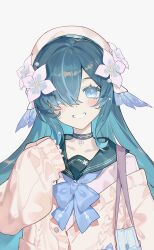  1girl alternate_costume aqua_hair bag beret blue_bag blue_bow blue_eyes blue_hair blue_pupils blush bow buttons cardigan chest_bow choker collarbone colored_eyelashes colored_inner_hair commentary_request fins flower flower_choker genshin_impact green_choker hair_flower hair_ornament hair_over_one_eye hand_up hat head_fins highres long_hair long_sleeves looking_at_viewer multicolored_hair pearl_hair_ornament pink_cardigan pink_flower pink_shirt puffy_long_sleeves puffy_sleeves school_uniform serafuku shirt shoulder_bag sidelocks simple_background smile solo tameng_official teeth upper_body very_long_hair vodyanitsa_(genshin_impact) white_background white_hat 