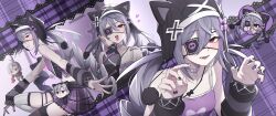  1girl absurdres alternate_costume alternate_hairstyle animal_ears animal_hat arm_warmers asymmetrical_legwear bare_shoulders black_arm_warmers black_hat black_nails black_survival black_thighhighs cat_hat character_doll chibi choker collarbone cross doll drill_hair eternal_return:_black_survival eyepatch fake_animal_ears garnet_(black_survival) grey_hair hair_between_eyes hand_on_own_face hat heart heart_choker heart_print highres hyuk0104 long_hair looking_at_viewer midriff multiple_views open_mouth paw_pose purple_background purple_shirt purple_skirt red_eyes shirt skirt sleeveless sleeveless_shirt smile solo teeth thigh-highs twin_drills two-tone_shirt very_long_hair white_choker white_thighhighs 