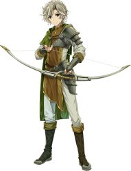  1boy armor armored_bridal_gauntlets artist_request belt boots bow_(weapon) bridal_gauntlets brown_belt brown_boots brown_bridal_gauntlets brown_hair brown_tunic cape closed_mouth drawing_bow faulds full_body game_asset gold_trim green_cape green_eyes grey_armor grey_bridal_gauntlets holding holding_bow_(weapon) holding_weapon kawasumi_itsuki knee_boots legendary_bow_(small_bow)_(tate_no_yuusha_no_nariagari) legendary_bow_(tate_no_yuusha_no_nariagari) looking_at_viewer male_focus muneate official_art pants parted_bangs pauldrons shirt shoulder_armor simple_background single_fauld single_pauldron smile solo split_mouth tate_no_yuusha_no_nariagari tate_no_yuusha_no_nariagari_rise transparent_background tunic two-tone_bridal_gauntlets v-shaped_eyebrows weapon white_pants white_shirt 