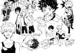  5boys :d ? ?? adjusting_clothes adjusting_gloves amajiki_tamaki annoyed arm_at_side bakugou_katsuki bare_shoulders barefoot bed_sheet behind_another belt blank_eyes blanket bodysuit boku_no_hero_academia boots bright_pupils closed_mouth collage collarbone collared_shirt commentary_request confused crew_neck cropped_legs cross-laced_shoes crossed_arms cup detached_sleeves disposable_cup double-parted_bangs expression_request eye_mask facing_another feathered_wings feathers flying_spittle folded_clothes folding_clothes foot_dangle forked_eyebrows freckles fur-trimmed_jacket fur-trimmed_sleeves fur_trim gloves greyscale hair_between_eyes hair_slicked_back hand_on_own_chin hand_up hands_up hatching_(texture) hawks_(boku_no_hero_academia) highres holding holding_cup holding_unworn_clothes invisible_floor jacket kirishima_eijiro knee_boots knee_pads knee_up linear_hatching looking_ahead looking_at_viewer looking_to_the_side looking_up lying male_focus mask mask_around_neck midoriya_izuku monochrome mouth_mask multiple_boys multiple_expressions multiple_views necktie nostrils on_railing on_side open_collar open_mouth pants parted_lips partial_commentary plain_epaulettes pointy_ears pouch railing sanpaku scar scar_on_arm scar_on_face scar_on_hand school_uniform shirt shirt_tucked_in shoes short_eyebrows short_hair short_sleeves shorts sidelocks sideways_mouth simple_background sitting slav_squatting small_sweatdrop smile souko_(floyd) spiky_hair squatting squeans steam_from_mouth summer_uniform tank_top teeth towel translation_request tsurime turning_head turtleneck turtleneck_bodysuit u.a._school_uniform under_covers unworn_shirt upside-down v-neck v-shaped_eyebrows white_background wing_collar wings x_(symbol) 