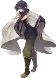  1boy artist_request black_hair black_shirt blunt_bangs boots brown_boots brown_pants cloak closed_mouth collared_shirt full_body game_asset gold_trim grey_eyes hand_on_own_chest knee_boots leaning_forward long_sleeves looking_at_viewer male_focus official_art pants purple_trim round_eyewear shirt short_hair sidelocks simple_background smile solo standing straight_hair tate_no_yuusha_no_nariagari tate_no_yuusha_no_nariagari_rise transparent_background van_reichnott_(tate_no_yuusha_no_nariagari) white_cloak yellow-framed_eyewear 