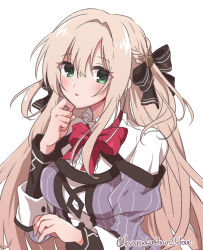  1girl black_bow blush bow bowtie breasts brown_hair center_frills commentary_request eyes_visible_through_hair frilled_shirt frills green_eyes hair_between_eyes hair_bow hands_up haruka3no25love highres jacket large_breasts long_hair long_sleeves looking_at_viewer otome_domain parted_lips purple_jacket red_bow red_bowtie saionji_kazari school_uniform shirt sidelocks simple_background solo striped_clothes striped_jacket twitter_username two_side_up upper_body vertical-striped_clothes vertical-striped_jacket very_long_hair white_background white_shirt 