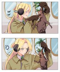  1girl biting biting_another's_finger blonde_hair brown_gloves creature diagonal-striped_clothes earmuffs genderswap genderswap_(mtf) gloves green_eyes green_necktie harry_potter_(series) harry_potter_and_the_chamber_of_secrets highres holding holding_creature long_hair long_sleeves malfoid mandrake_(harry_potter) necktie open_mouth scene_reference striped_clothes tearing_up wizarding_world yoichi555p 