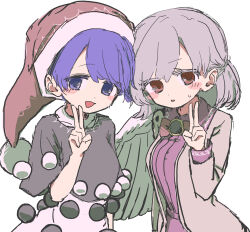  2girls :d absurdres black_dress blue_eyes blue_hair blush doremy_sweet dress grey_hair grey_jacket hat highres jacket kishin_sagume long_sleeves medium_hair multiple_girls nightcap open_clothes open_jacket open_mouth parted_lips pom_pom_(clothes) purple_dress red_eyes short_sleeves single_wing smile sweatdrop the_okashi touhou two-tone_dress upper_body v white_background white_dress white_wings wings 