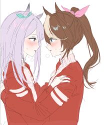  animal_ears aqua_bow bow commentary_request ear_ribbon hands_on_another's_chest highres horse_ears horse_girl hug imminent_kiss jacket mejiro_mcqueen_(umamusume) multicolored_hair multicolored_jacket ponytail ppingjjyu_(u3pri) purple_hair single_hair_streak streaked_hair tokai_teio_(umamusume) tracen_training_uniform two-tone_jacket umamusume violet_eyes yuri 
