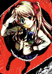  1girl :d absurdres black_thighhighs blue_bow blue_bowtie body_horror bow bowtie chaos;head hair_ribbon heterochromia highres long_hair long_sleeves looking_at_viewer miniskirt open_mouth pink_hair plaid_bow plaid_bowtie plaid_clothes plaid_skirt pleated_skirt red_eyes ribbon sakihata_rimi school_uniform science_adventure shoes skirt smile solo suimei_academy_school_uniform suit thigh-highs torikoro_chan twintails yellow_suit 