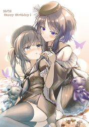  2girls bare_shoulders beret black_dress black_hair black_hat black_sailor_collar breasts brown_hat bug butterfly closed_mouth commentary_request cookie dated dress feeding food grey_neckerchief grey_thighhighs happy_birthday hat highres holding holding_food housho_margo kurobe_nanoka long_hair looking_at_another lying mahou_shoujo_no_majo_saiban multiple_girls neckerchief okanda on_floor on_side parted_lips plate purple_butterfly sailor_collar sailor_dress school_uniform short_dress short_hair_with_long_locks short_sleeves small_breasts smile stuffed_animal stuffed_toy teddy_bear thigh-highs thighs tile_floor tiles twintails violet_eyes yuri 