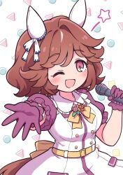  1girl animal_ears belt blush breasts brown_hair ear_covers gloves hair_between_eyes haiseiko_(umamusume) highres holding horse_ears horse_girl horse_tail looking_at_viewer medium_breasts minmin_(kemomofuri) one_eye_closed open_mouth outstretched_arm pink_eyes purple_gloves reaching reaching_towards_viewer shirt short_hair short_sleeves skirt smile solo tail umamusume white_skirt yellow_belt 