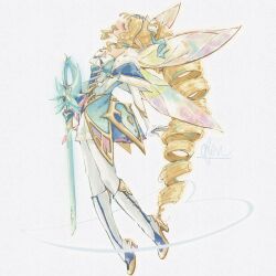  1girl aqua_gem aqua_hair artist_name blonde_hair blue_bow blue_cape blue_choker blue_dress blue_sleeves blush boots bow cape chest_bow choker closed_eyes commentary detached_sleeves dress drill_hair drill_ponytail drill_sidelocks elbow_gloves fairy fairy_wings flying from_side full_body fur-trimmed_cape fur_trim gem genshin_impact gloves hair_bow hair_ribbon high_heel_boots high_heels high_ponytail highres holding holding_staff long_hair long_sleeves multicolored_hair open_mouth pantyhose partof_em pink_bow pointy_ears pom_pom_(clothes) ponytail ribbon short_dress sidelocks simple_background single_bare_shoulder single_detached_sleeve smile solo staff strapless strapless_dress streaked_hair striped_bow tiara very_long_hair vesna_(genshin_impact) vision_(genshin_impact) white_background white_boots white_bow white_gloves white_pantyhose white_ribbon wide_sleeves wings 