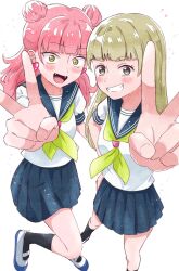  2girls black_socks blonde_hair blue_sailor_collar blue_skirt blush fangs grin highres kunchacha looking_at_viewer multiple_girls open_mouth pink_hair sailor_collar school_uniform seihantai_na_kimi_to_boku shirt short_sleeves simple_background skirt smile socks suzuki_miyu v watanabe_manami white_background white_shirt yellow_eyes 