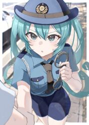  1girl 1other absurdres aqua_eyes aqua_hair aqua_nails black_necktie blue_skirt border breast_pocket commentary_request cuffs double-parted_bangs female_service_cap grabbing_another's_arm hair_between_eyes handcuffs hatsune_miku highres holding holding_handcuffs light_blush long_hair nail_polish necktie outdoors outside_border parted_lips pocket police police_uniform policewoman shoulder_boards skirt solo sweatdrop tatyaoekaki very_long_hair vocaloid watermark white_border 