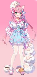  1girl absurdres animal_ears blue_necktie blue_skirt blush cat_ears commentary creepyday full_body gradient_background green_eyes hand_on_own_hip head_tilt highres long_hair long_sleeves looking_at_viewer mary_janes multicolored_hair necktie nijisanji octopus open_mouth otonari_(yang_nari) pink_background pink_hair pink_necktie pink_sailor_collar pink_shoes pleated_skirt sailor_collar sheep shirt shoes skirt sleeves_past_fingers sleeves_past_wrists smile solo stack streaked_hair striped_sleeves sunglasses untranslatable_commentary virtual_youtuber white_hair white_shirt yang_nari yang_nari_(3rd_costume) 