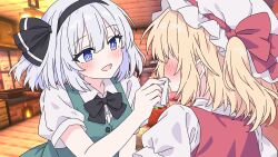  2girls black_bow black_bowtie black_hairband blonde_hair blue_eyes blush bow bowtie bright_pupils collared_shirt commentary_request flandre_scarlet green_vest grey_hair hairband handkerchief hat hat_ribbon highres holding holding_handkerchief konpaku_youmu looking_at_another minecraft mob_cap multiple_girls one_side_up open_mouth puffy_short_sleeves puffy_sleeves red_vest ribbon shirt short_sleeves smile touhou vest white_hat white_pupils white_shirt wiping_mouth yunaivt 