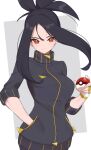  1girl bangs black_hair black_jacket breasts character_request commentary_request fingerless_gloves gloves grey_background hand_in_pocket highres holding holding_poke_ball jacket long_hair nuneno orange_eyes poke_ball poke_ball_(basic) pokemon pokemon_(game) pokemon_sv sleeves_past_elbows solo upper_body white_gloves zipper_pull_tab 