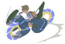  1boy absurdres backpack bag bin_aham brown_bag brown_eyes brown_hair brown_shoes closed_mouth commentary florian_(pokemon) grey_shirt highres holding male_focus miraidon pikachu pokemon pokemon_(creature) pokemon_scarlet_and_violet porygon2 riding riding_pokemon shirt shoes short_hair short_sleeves shorts sitting smile socks untranslatable_commentary white_background 