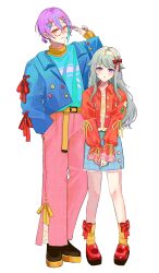  1boy 1girl absurdres alternate_costume aqua_shirt aqua_streaks asymmetrical_sidelocks belt bespectacled blue_jacket blue_skirt blush bow bow_legwear brown_shoes closed_mouth commentary_request frilled_hairband frills full_body glasses green_hair hair_between_eyes hair_flaps hair_ornament hairband hairclip hand_in_pocket hand_up highres jacket jewelry kamishiro_rui kusanagi_nene layered_sleeves long_hair long_sidelocks long_sleeves looking_at_viewer multicolored_hair multiple_rings open_clothes open_jacket pants pink_pants plaid_clothes plaid_skirt ponytail pprskk_yakink project_sekai purple_hair red-framed_eyewear red_bow red_jacket red_ribbon ribbon ring shirt shoes short_hair short_ponytail sidelocks simple_background skirt smile socks standing streaked_hair two-tone_hair violet_eyes white_background x_hair_ornament yellow_belt yellow_eyes yellow_hairband yellow_shirt yellow_socks 